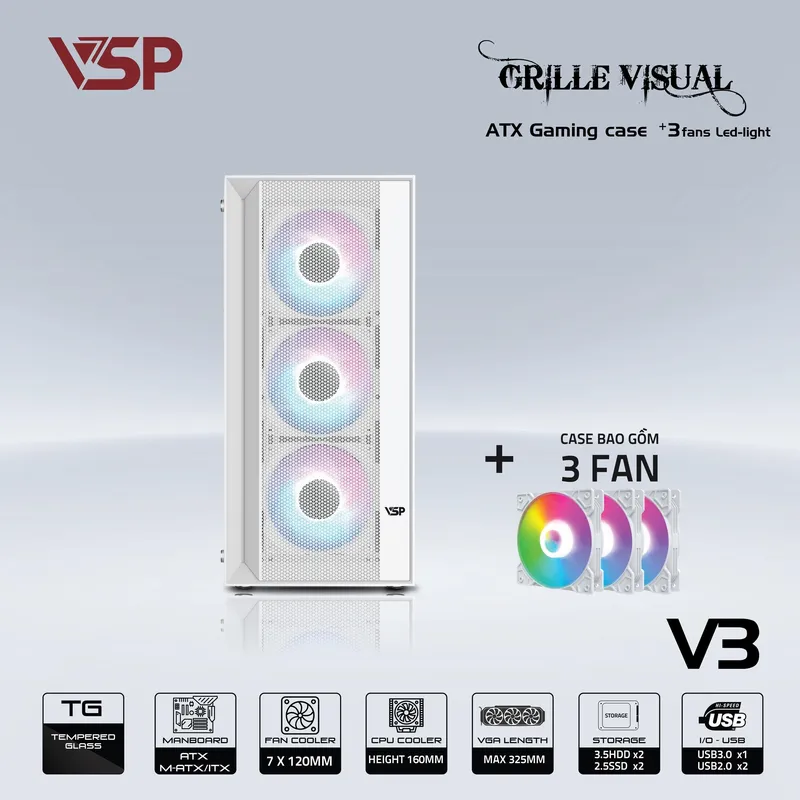 Vỏ Case VSP "Grille visual" V3 (ATX, Đen, Kèm 3 Fan)