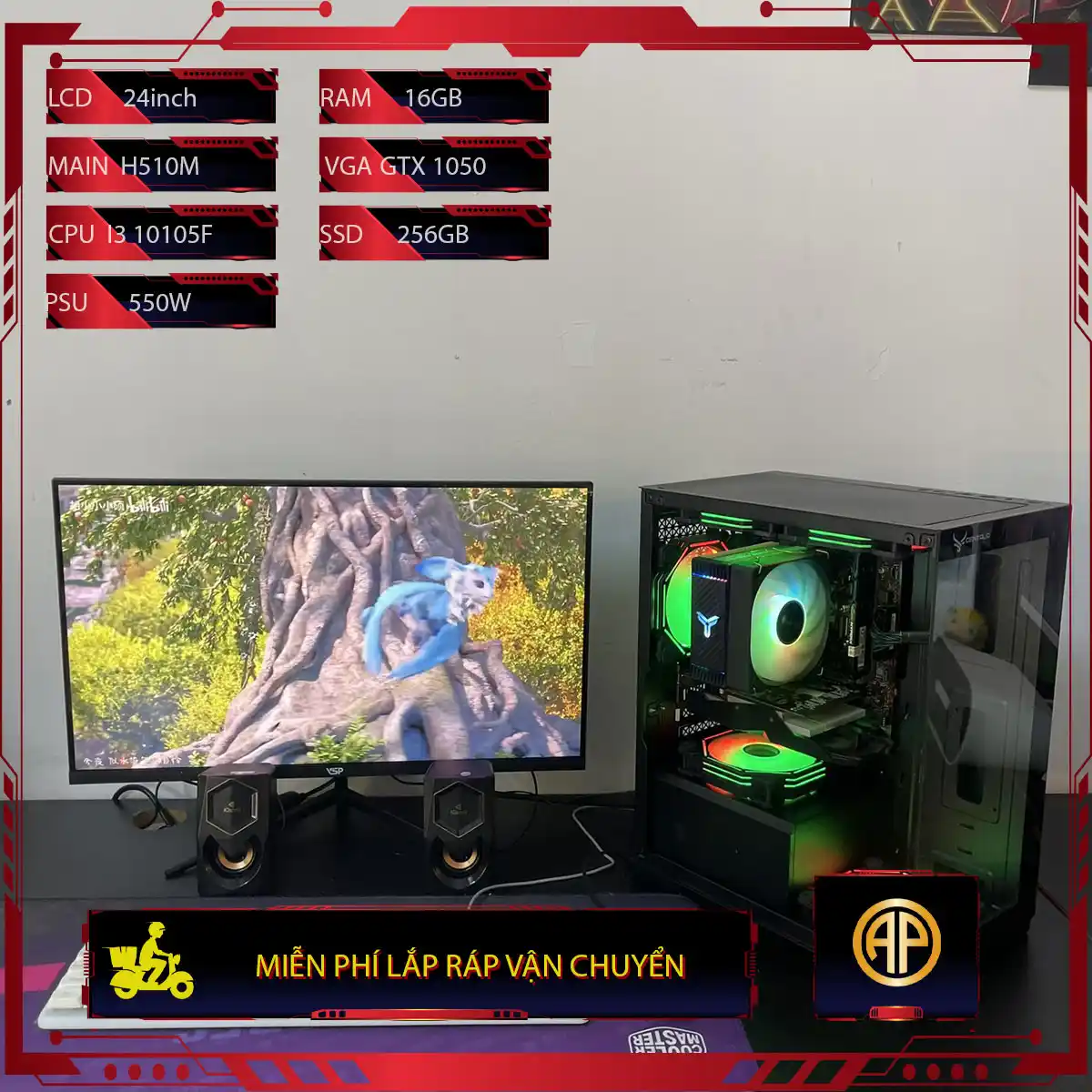  Bộ Pc Gaming Giá Rẻ i3 10105F/16GB/GTX 1050 Màn hình 24in 100hz Đen