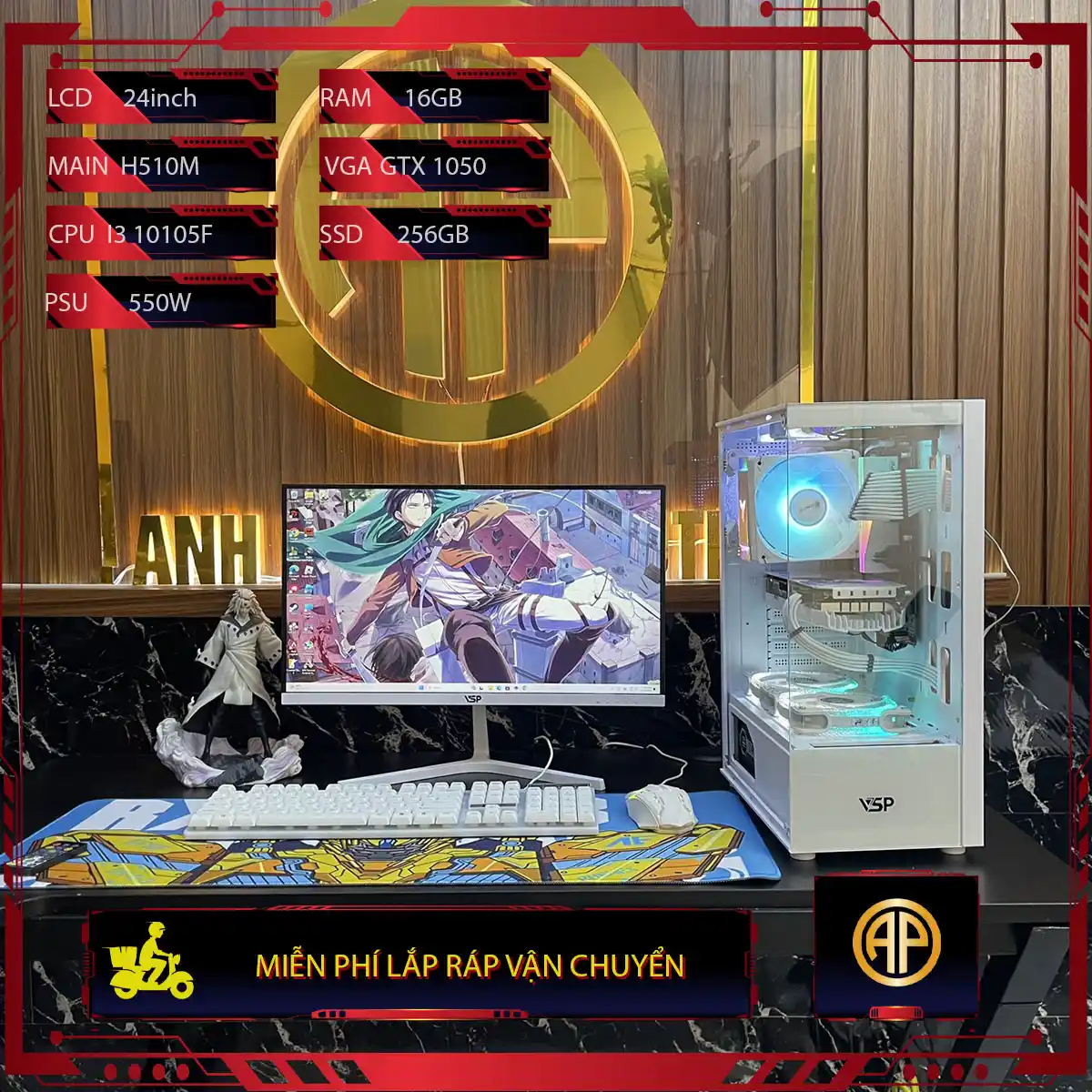  Bộ Pc Gaming Giá Rẻ i3 10105F/16GB/GTX 1050 Màn hình 24in 100hz Trắng