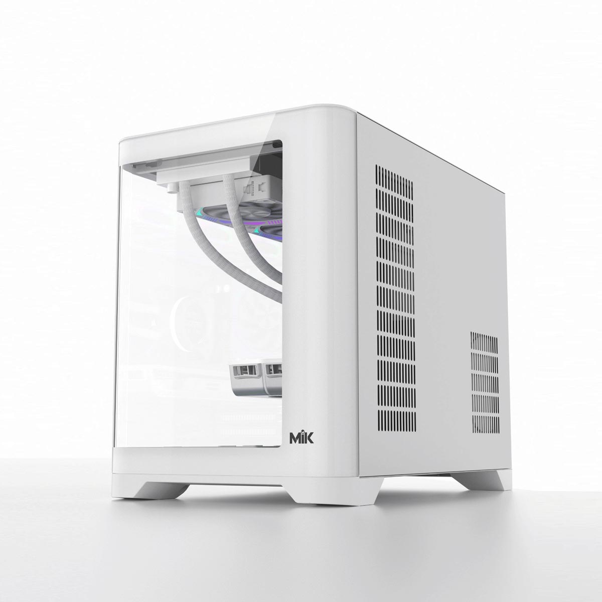 Vỏ case Mik Focalors trắng, thiết kế không kèm fan, phù hợp cho PC gaming.