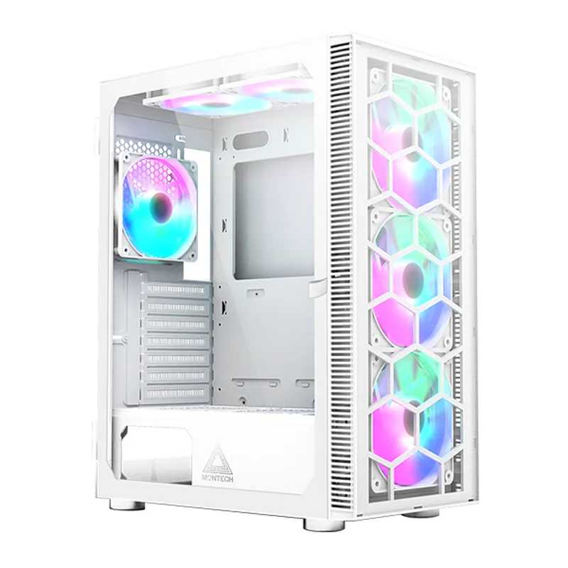 Vỏ case Montech X3 Glass - Trắng | Gắn sẵn 6 fan RGB