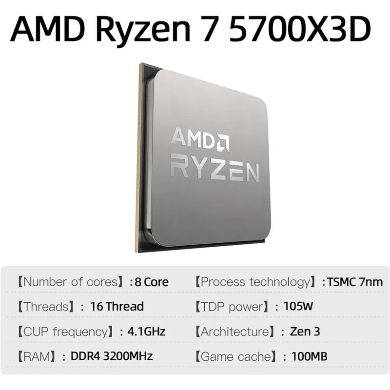 CPU Tray AMD Ryzen 7 5700X3D (3.0GHz Upto 4.1GHz / 100MB / 8 Cores, 16 Threads / 105W / Socket AM4)