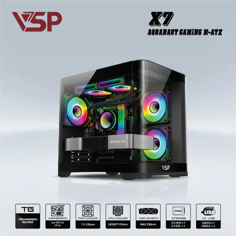 VỎ CASE VSP AQUANAUT PRO GAMING M-ATX X7 - ĐEN