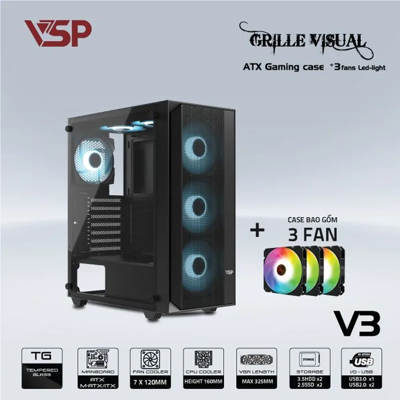 Vỏ Case Cũ VSP Grille visual V3 (ATX, Đen, Kèm 3 Fan)