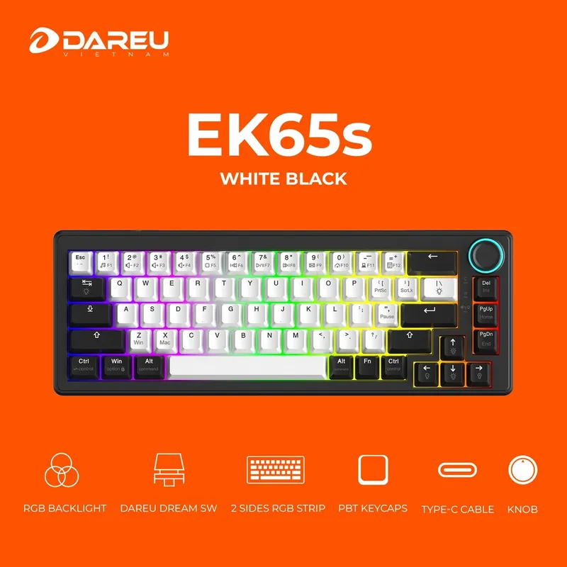 Bàn phím cơ Dare-U EK65s White - Black | PBT, led RGB, 2 sides RGB strip, Type-C