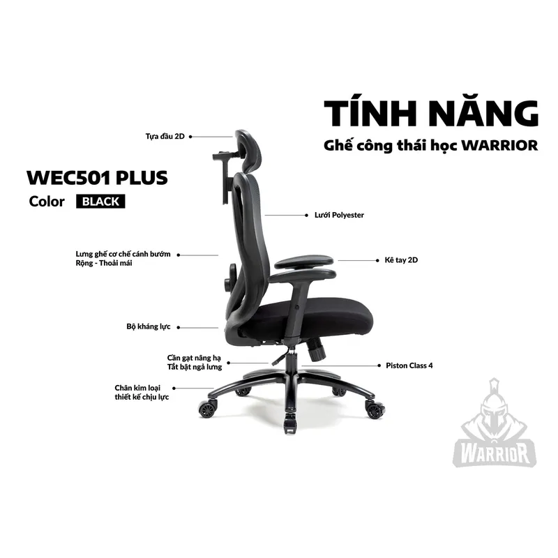 Ghế Warrior Ergonomic Hero Series WEC501 Plus Đen chân xoay