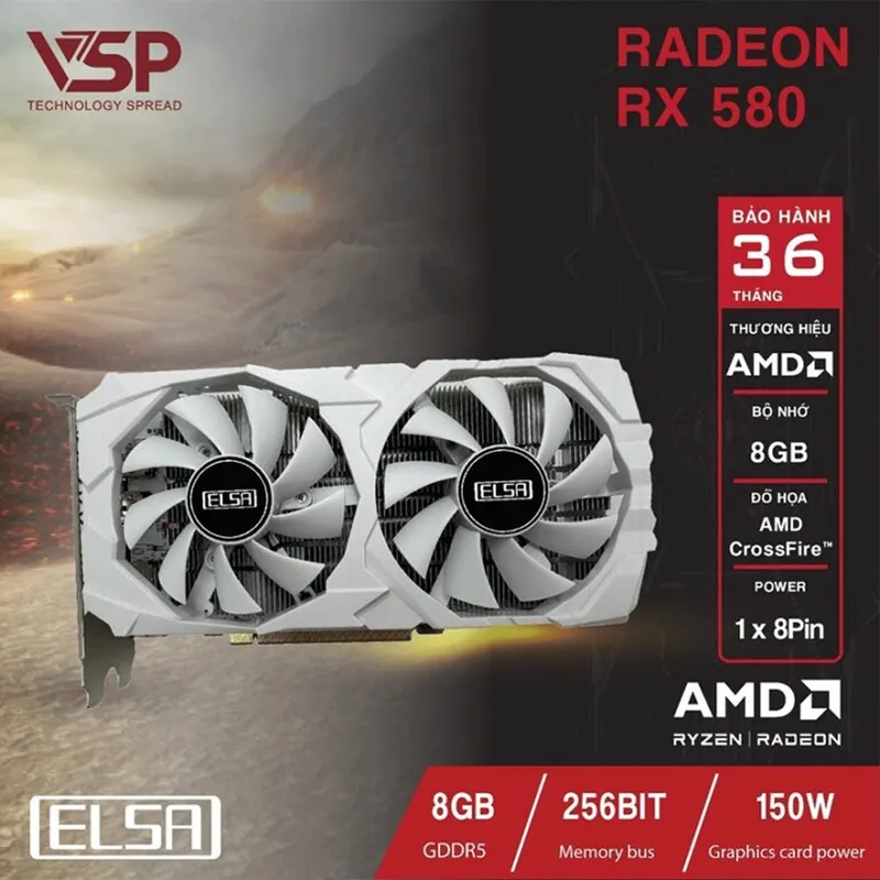 Card màn hình ELSA RX 580 8gb 2 Fan White New