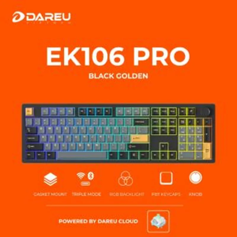Bàn phím cơ Dare-U EK106 Pro Black - Golden | Wireless Triple Mode, Gasket Mount, RGB, Cloud (Linear) Switch