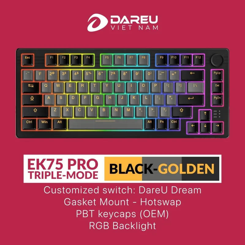 Bàn phím cơ Dare-U EK75 Pro Black - Golden | Wireless Triple Mode, Gasket Mount, RGB, Cloud (Linear) Switch