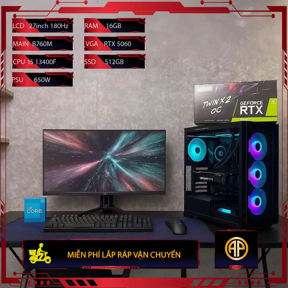  Dàn Pc Gaming Full Trắng B760M I5 13400F 16GB RTX 5060  Kèm Màn Hình 27inch 180Hz 
