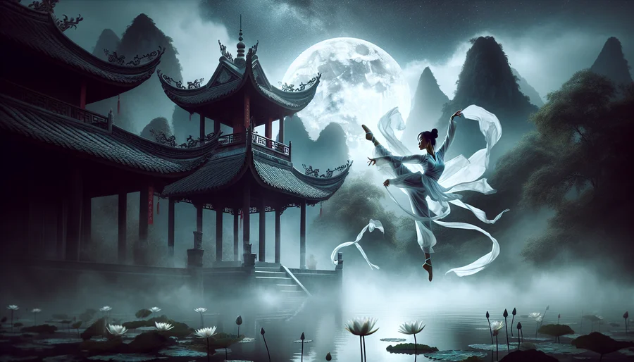 Đại hiệp thi triển khinh công, bay lượn trên mái đình trong game võ hiệp.