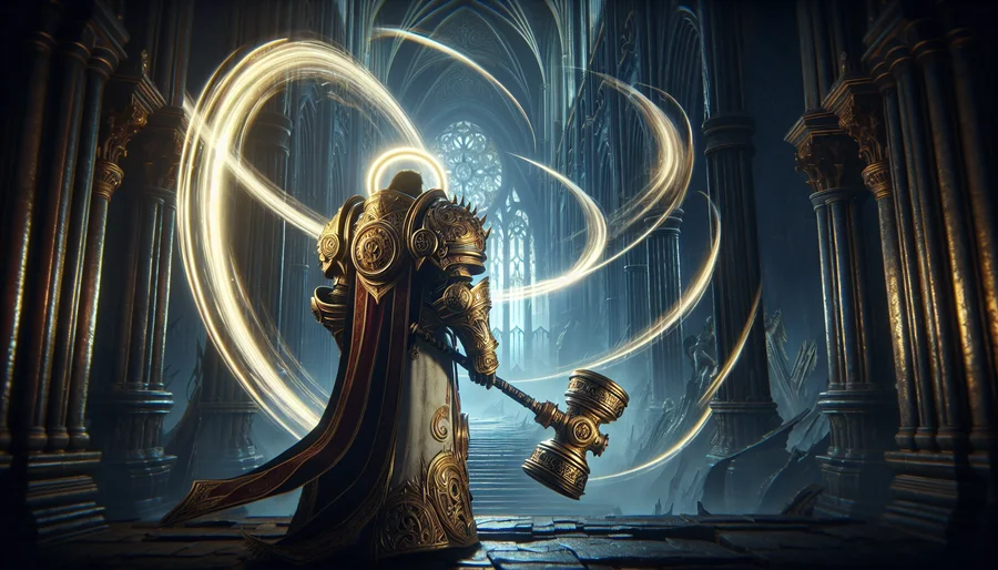 Anh hùng Paladin trong Diablo 2 Resurrected đứng trước một thánh đường hắc ám.