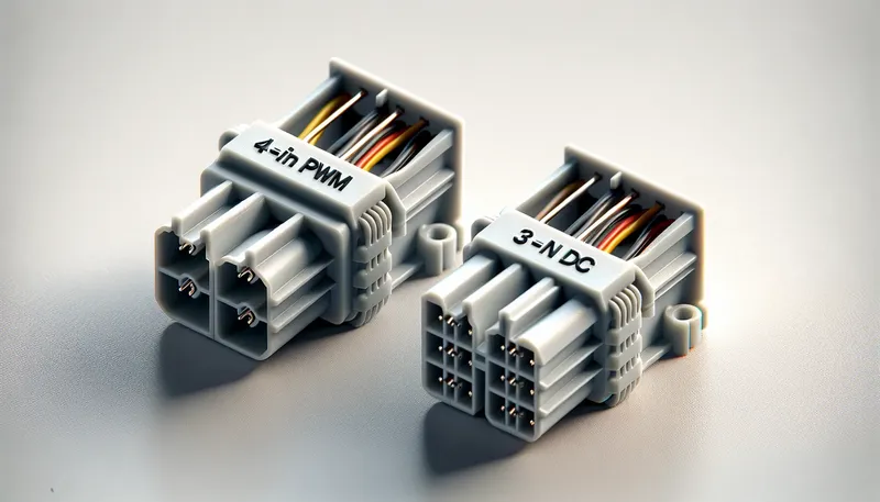 Đầu cắm quạt 4-pin (PWM) và 3-pin (DC) đặt cạnh nhau để so sánh.