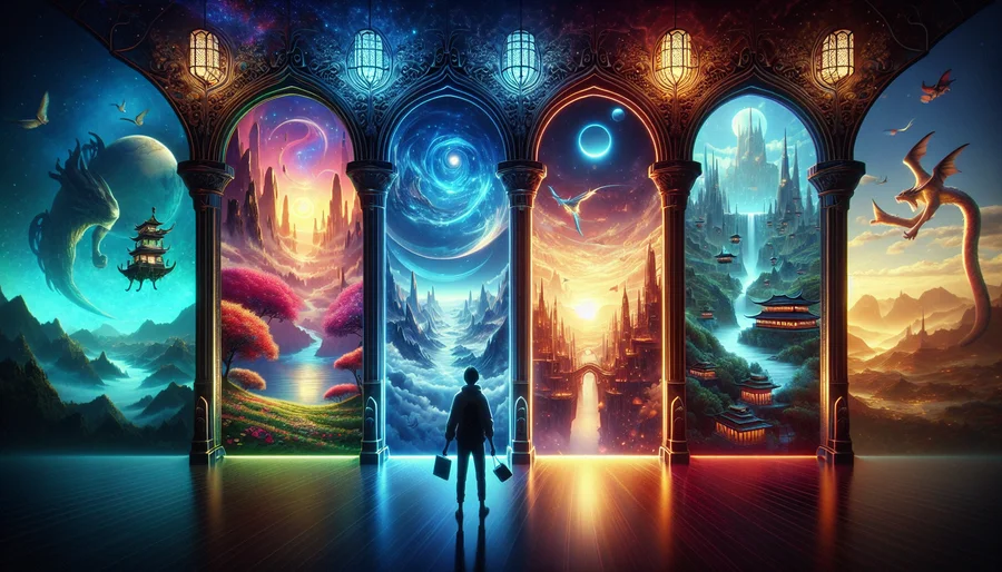Ba cánh cổng MMORPG tượng trưng cho thế giới Anime, Fantasy, và Võ Hiệp.