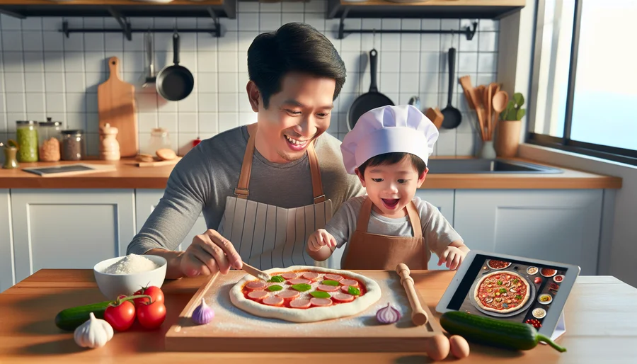 Ba và con trai cùng nhau vào bếp làm pizza, ứng dụng kỹ năng từ game nấu ăn ra đời thực.