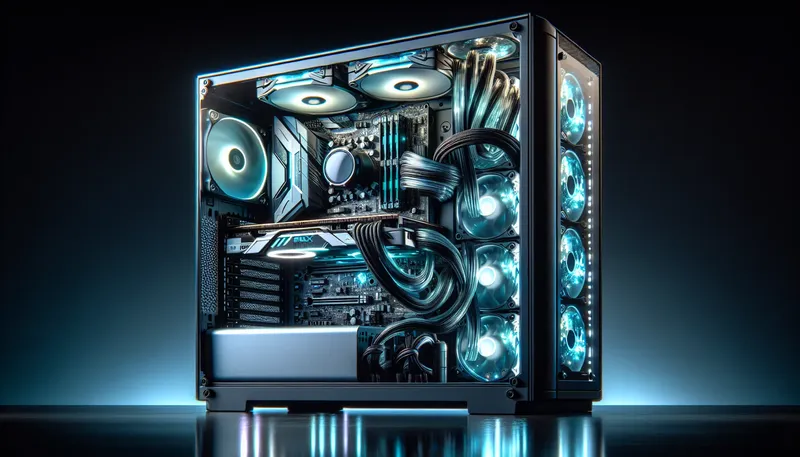Bên trong một bộ PC gaming cao cấp với card RTX 4090 và bộ nguồn 1200W, đi dây gọn gàng và có đèn RGB.