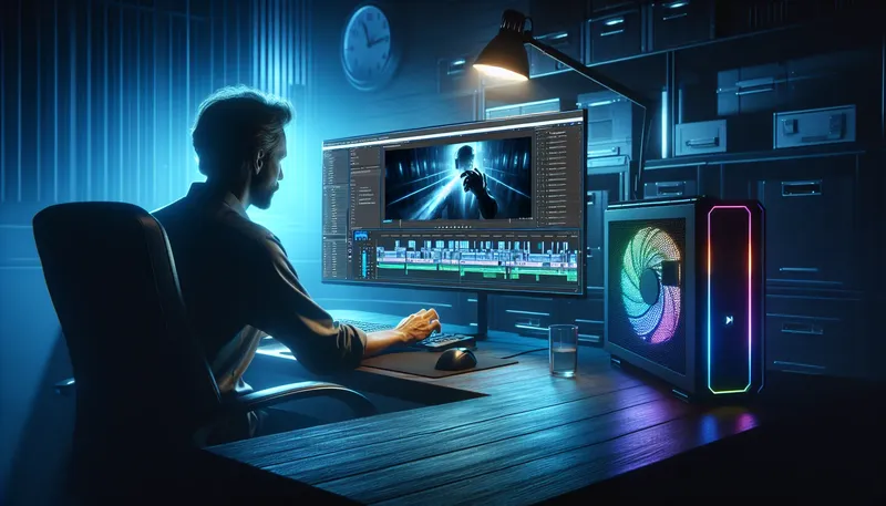 Biên tập viên video đang dựng phim 4K trên một cấu hình máy tính mạnh mẽ với CPU Core i7.