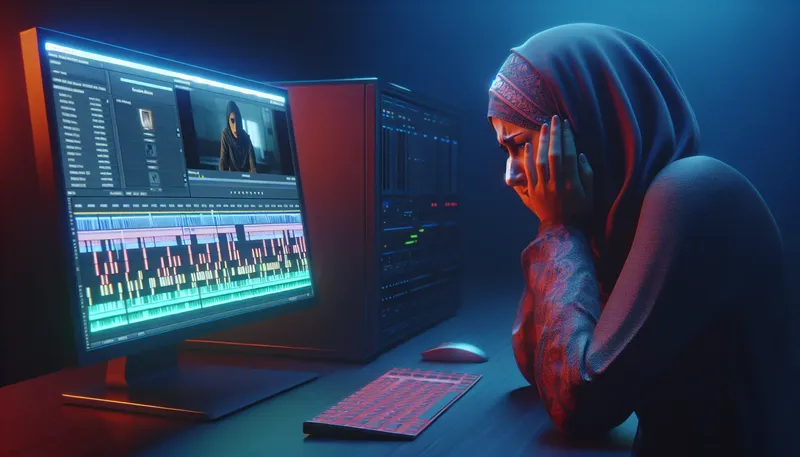 Biên tập viên video căng thẳng vì timeline trong Adobe Premiere Pro bị giật lag đỏ rực.