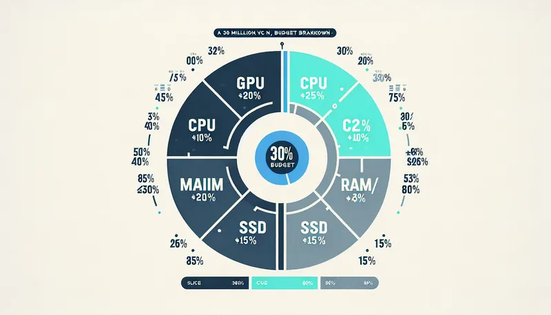 Biểu đồ tròn phân bổ ngân sách thông minh để build PC gaming 30 triệu, ưu tiên 40% cho card đồ họa GPU.