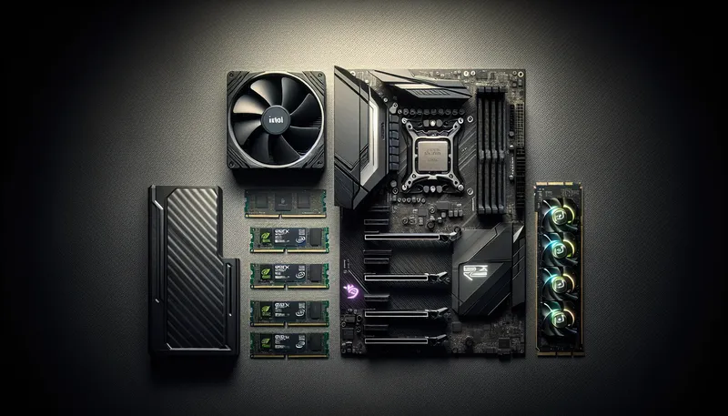 Các linh kiện build PC chơi game quan trọng gồm CPU Intel, card đồ họa RTX, RAM DDR5 và SSD NVMe.