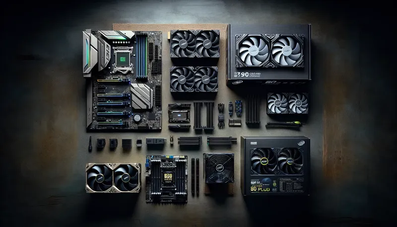 Các linh kiện cần thiết để ép xung CPU Intel, bao gồm CPU Core i7 dòng K, mainboard Z790, tản nhiệt nước AIO và bộ nguồn công suất cao.