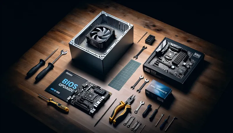 Các linh kiện cần thiết để tối ưu PC, bao gồm tản nhiệt cao cấp và bo mạch chủ đã cập nhật BIOS.