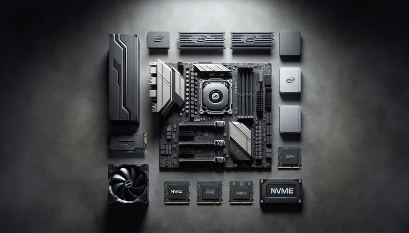 Các linh kiện máy tính quan trọng để build PC render kiến trúc: CPU, VGA, RAM và SSD NVMe.