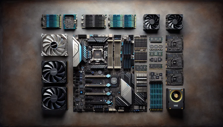 Các linh kiện quan trọng để build một PC Dual Xeon, bao gồm 2 CPU, mainboard, RAM ECC và tản nhiệt.