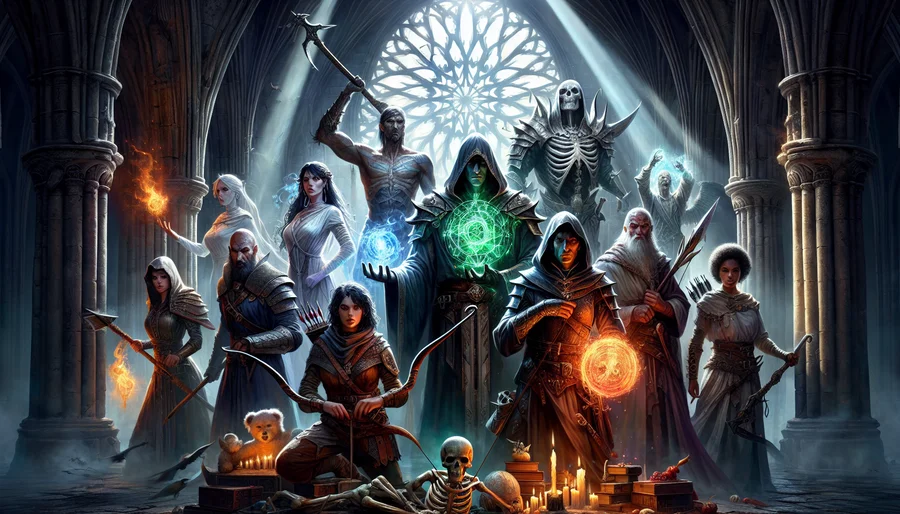 Các lớp nhân vật kinh điển của Diablo: Barbarian, Sorceress, Necromancer và Rogue.