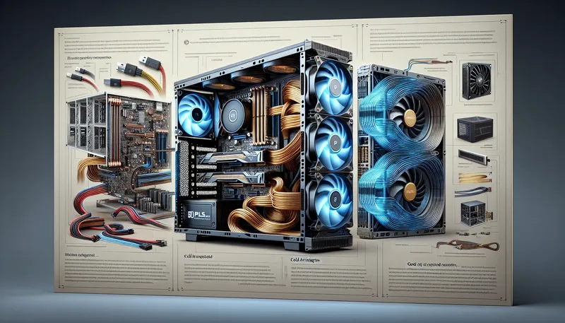 Các yếu tố phụ trợ quan trọng cho PC render: tản nhiệt, nguồn (PSU) và vỏ case có luồng khí tốt.