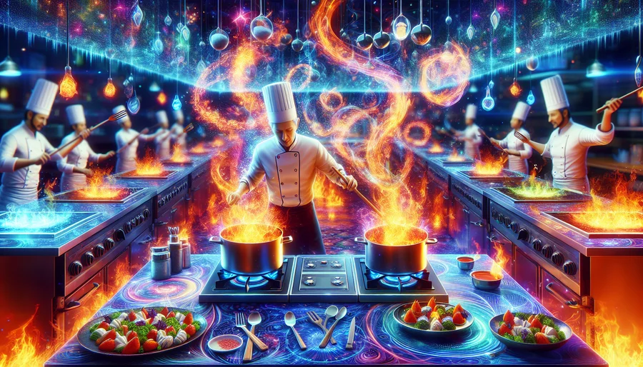 Căn bếp ảo rực lửa trong một game quản lý nhà hàng tốc độ cao.
