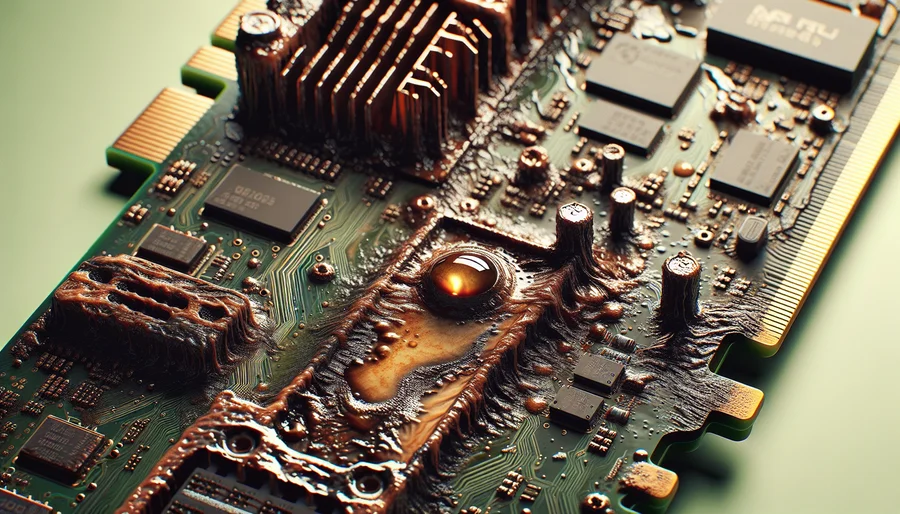 Cận cảnh bảng mạch PCB của VGA trâu cày bị ố vàng do nhiệt độ cao.