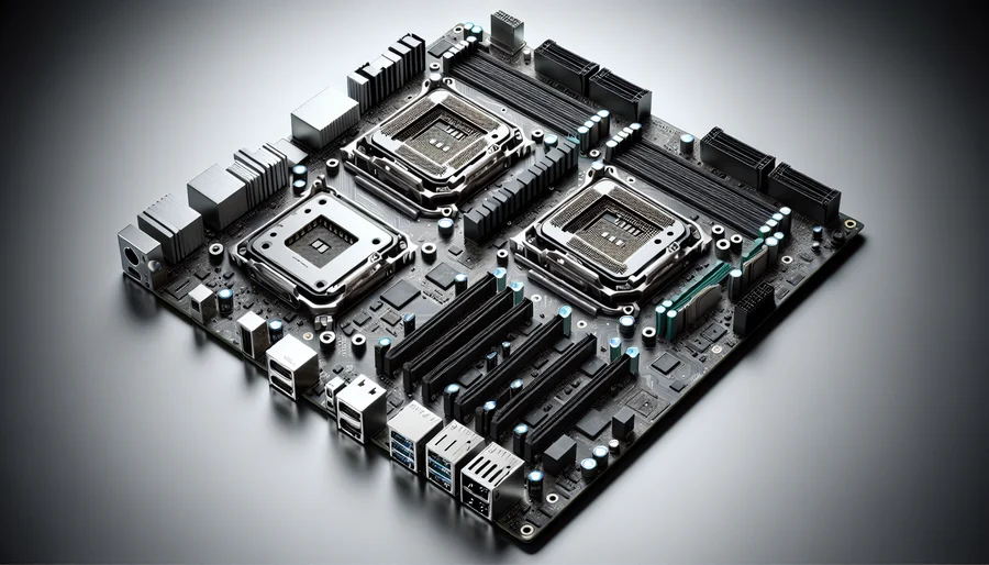 Cận cảnh bo mạch chủ Dual Xeon chuyên dụng với hai socket CPU và nhiều khe cắm RAM ECC.