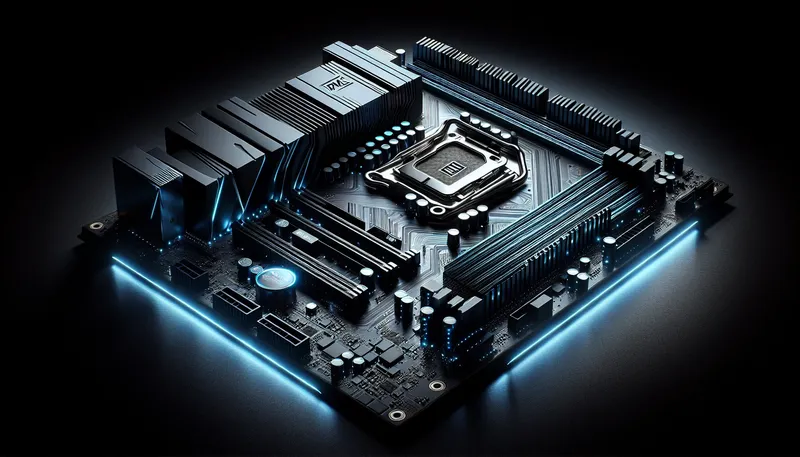 Cận cảnh bo mạch chủ Intel hiện đại với đèn led xanh, minh họa cho bài viết hướng dẫn chọn mainboard Z, B, H.