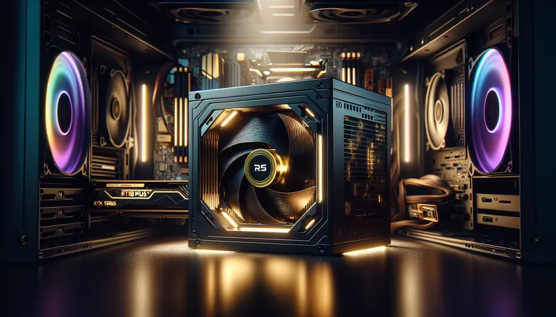 Cận cảnh bộ nguồn 80 Plus Gold phát sáng như trái tim vàng bên trong một dàn PC gaming cao cấp trên 35 triệu.
