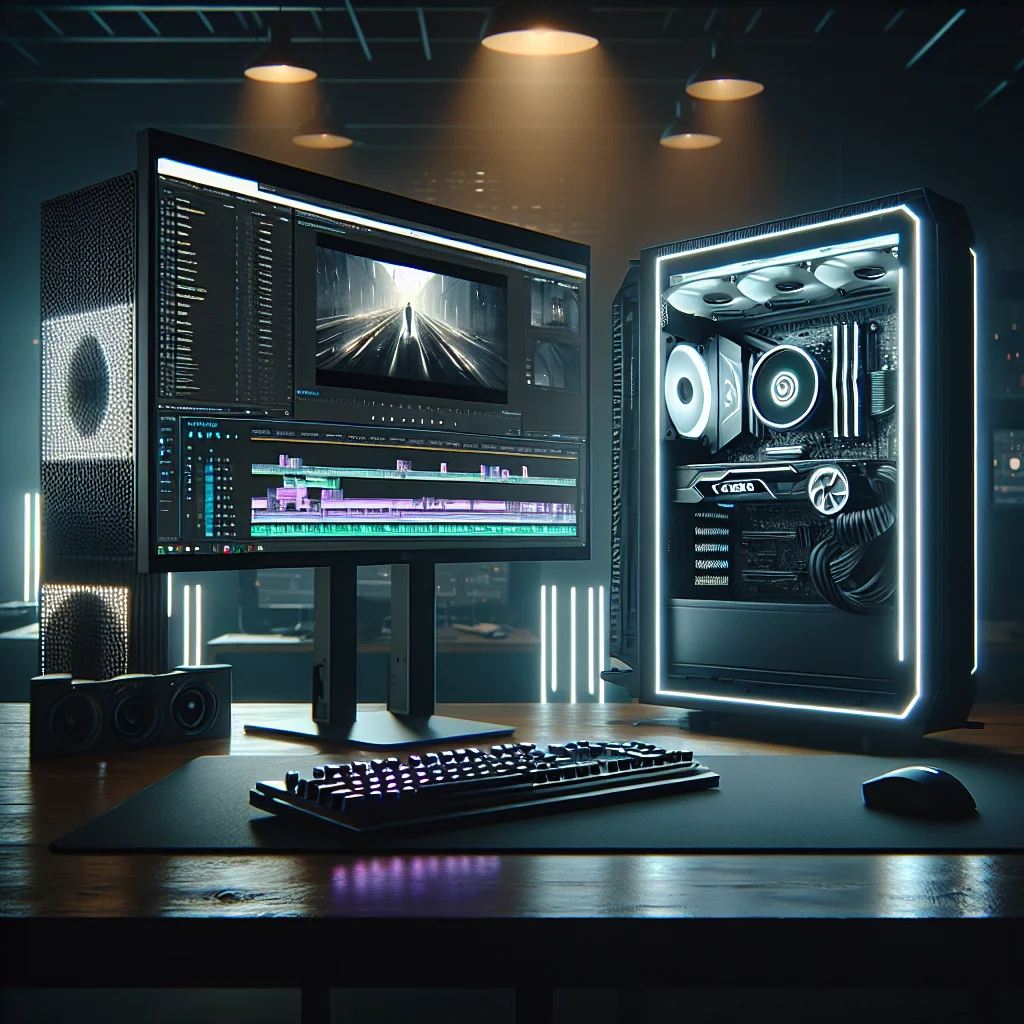 Cận cảnh bộ PC dựng phim 2025 chuyên nghiệp với màn hình và linh kiện cao cấp.