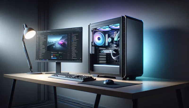 Cận cảnh bộ PC gaming 12 triệu hoàn chỉnh với case màu đen và đèn LED xanh, tối ưu cho game eSports.