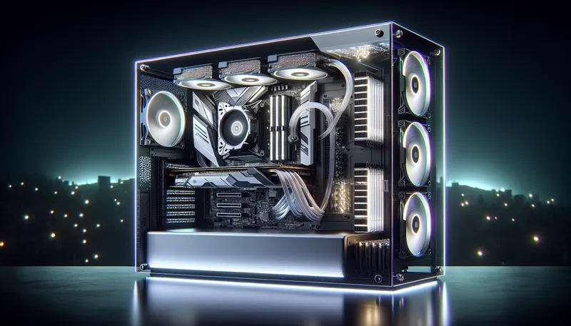 Cận cảnh bộ PC gaming cao cấp với card đồ họa Nvidia GeForce RTX 4070 Super và RAM DDR5 để chơi game Ray Tracing.