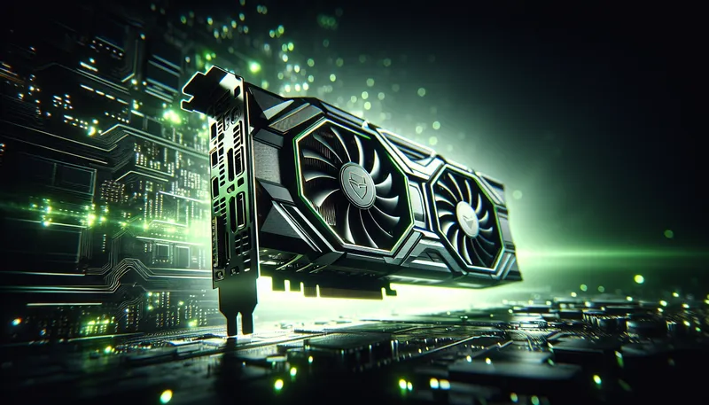 Cận cảnh card đồ họa NVIDIA GeForce RTX 4070 Super với thiết kế hầm hố và đèn nền màu xanh lá đặc trưng.