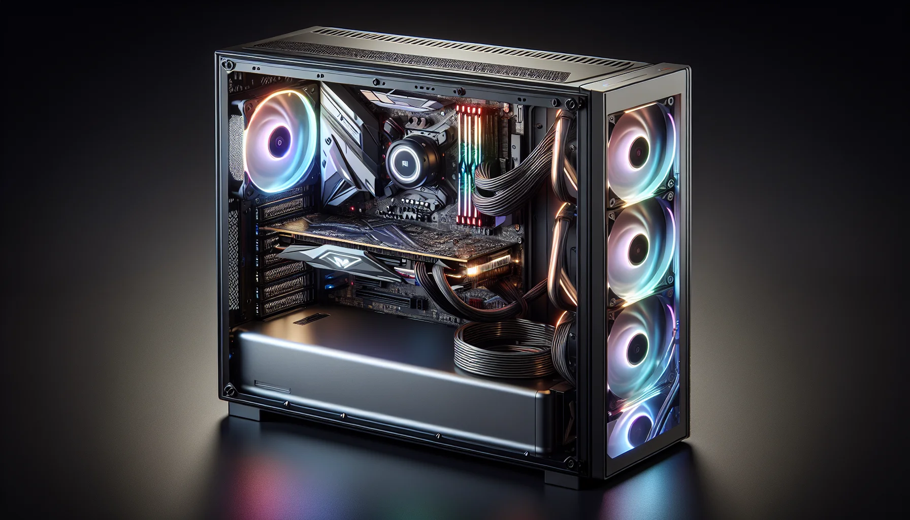 Cận cảnh cấu hình PC test game với i7-14700K, RTX 4070, tản nhiệt nước AIO và RAM DDR5 32GB.