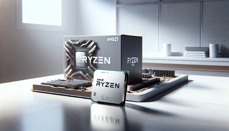 Cận cảnh CPU AMD Ryzen 5 7500F và hộp sản phẩm, thể hiện thông số kỹ thuật Zen 4, 6 nhân 12 luồng.