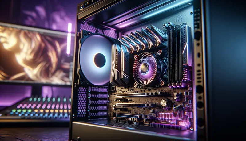 Cận cảnh CPU cao cấp Core i9 hoặc Ryzen 9 bên trong một bộ PC làm nhạc chuyên nghiệp.