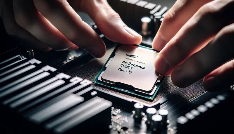 Cận cảnh CPU Intel Core i5 đang được lắp vào socket LGA 1700 trên bo mạch chủ.