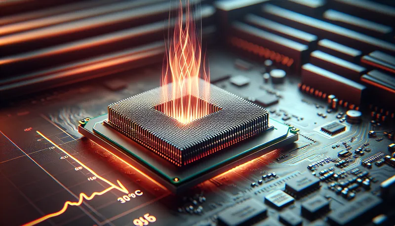 Cận cảnh CPU và tản nhiệt đang hoạt động ở mức tải cao, nhiệt độ được kiểm soát dưới 95 độ C.