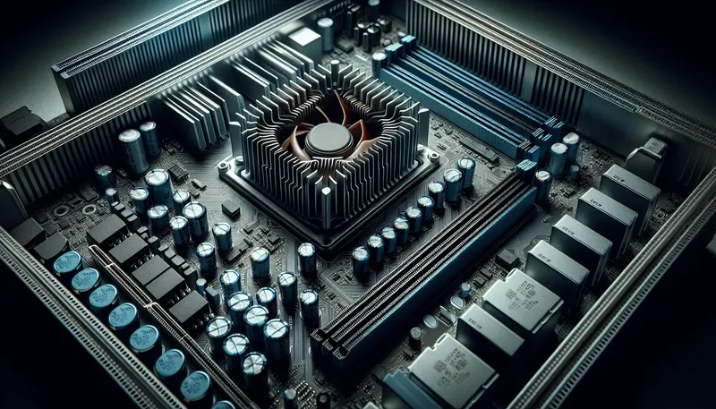 Cận cảnh dàn cấp nguồn VRM với tản nhiệt lớn trên mainboard, giúp CPU hoạt động ổn định.
