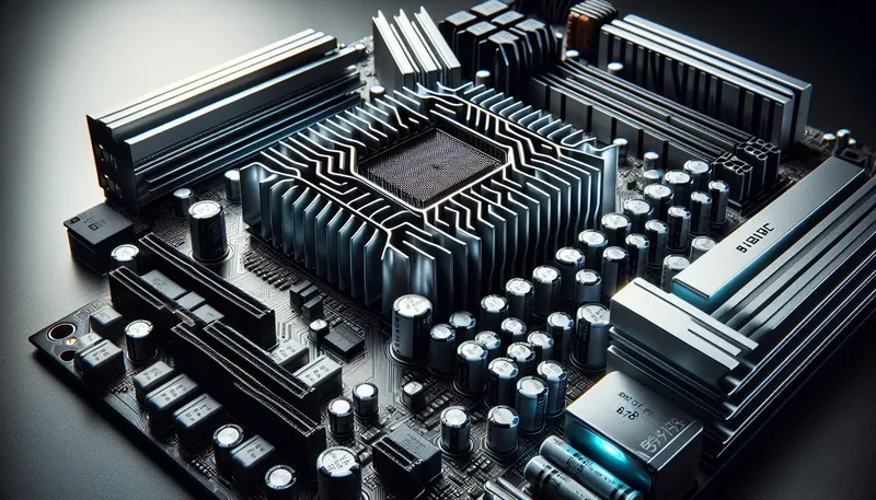 Cận cảnh dàn VRM và tản nhiệt kim loại lớn trên mainboard B760 chất lượng cao, đảm bảo cấp điện ổn định cho Core i7.