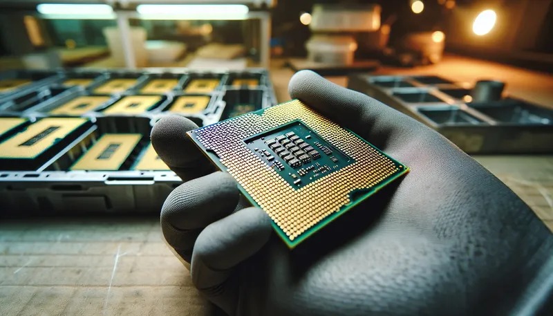 Cận cảnh kiểm tra chân tiếp xúc (LGA pads) vàng óng của CPU Core i7 cũ.