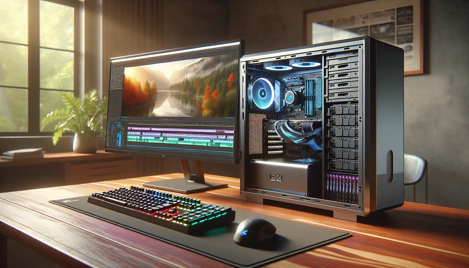 Cận cảnh một bộ PC workstation dựng phim chuyên nghiệp với các linh kiện cao cấp được xây dựng cân bằng.