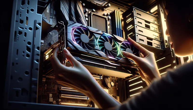 Cận cảnh một người đang lắp card đồ họa (VGA) mới vào mainboard để nâng cấp PC gaming.