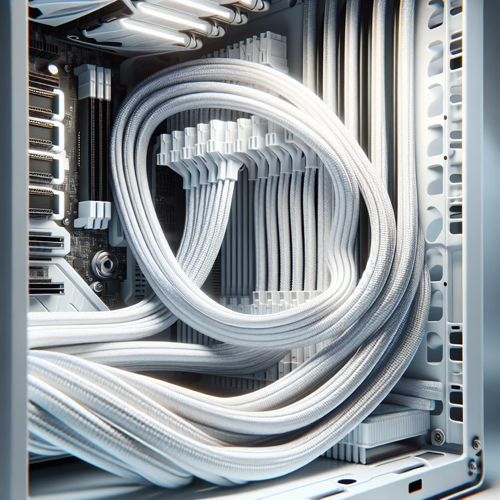 Cận cảnh nghệ thuật đi dây PC đẹp bằng dây nguồn bọc lưới màu trắng và lược chải dây.